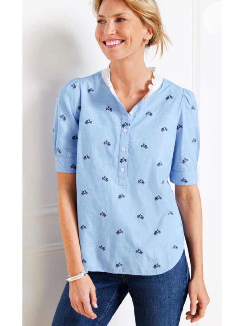 TALBOTS Blue + White Ruffle Neckline Embroidered Popover Women's Top Plus Size 1